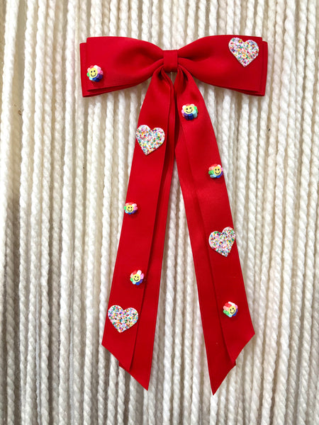 *slightly imperfect* Embellished Red Satin Oversized School Style Double Bow